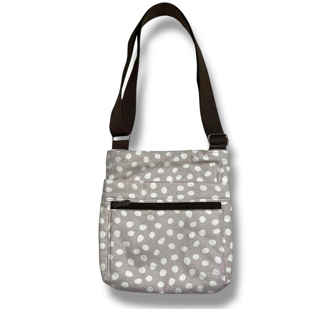 Thirty One Womens Crossbody Shoulder Bag Gray White Polka Dot Cotton Purse